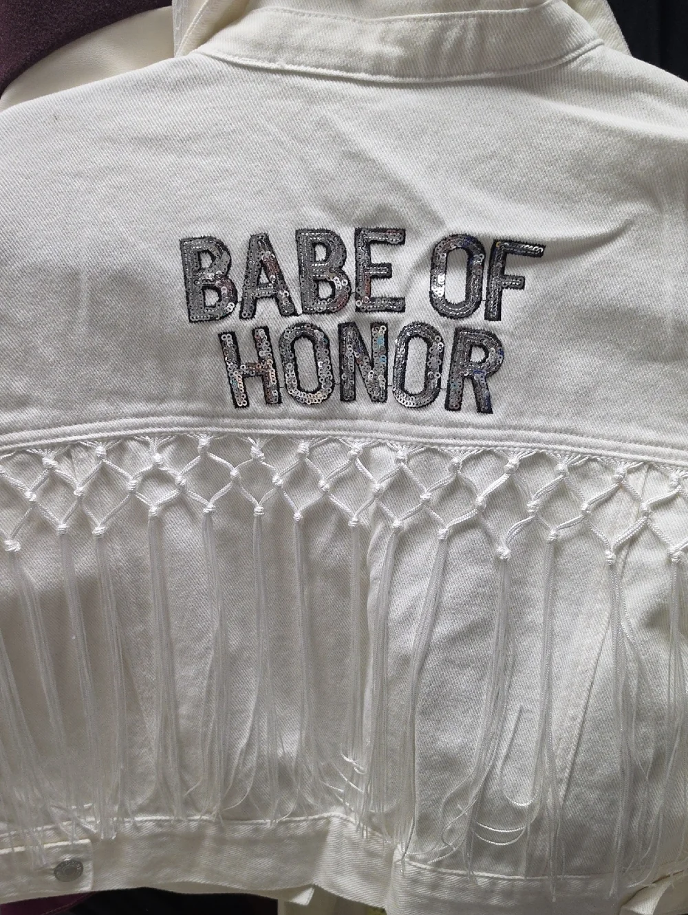 Forever 21 "Babe Of Honor" White Denim Jacket With Fringe Detail - Picture 2 of 5